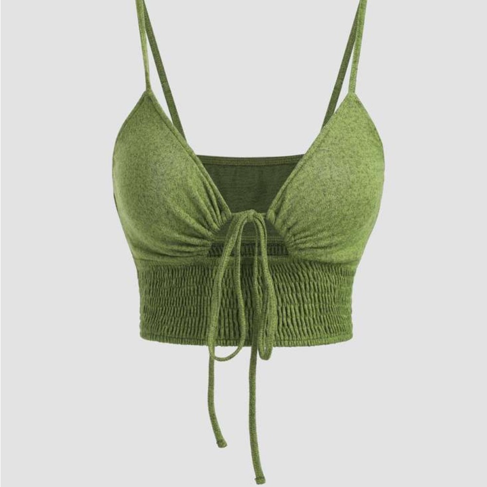 Cider Green Smocked Tie Front Adjustable Straps Crop Top, XS